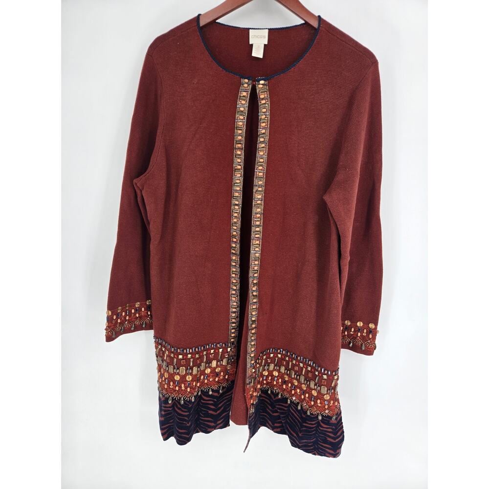 Chico's Southwestern Brown Beaded Cardigan Duster Women's Size 3 (XL)
